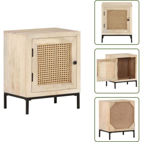 The Living Store Mesita de noche madera maciza mango y caña natural 40x30x50 cm - Madera de mango