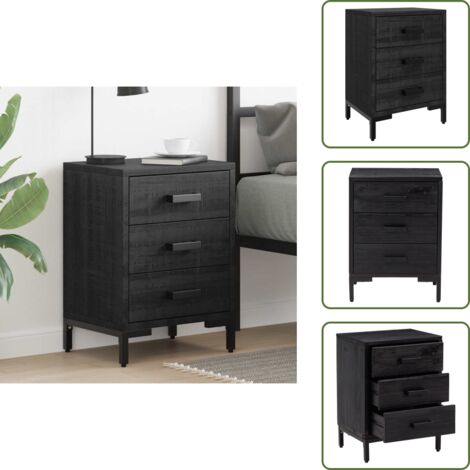 The Living Store Mesita de noche madera maciza pino reciclada negra 40x30x55 cm - Mesita de noche vintage