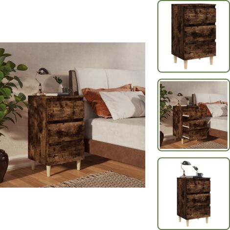 The Living Store Mesita de noche patas madera maciza roble ahumado 40x35x69 cm - Mesita de noche con cajones