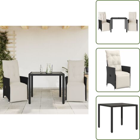 The Living Store Mesita y sillas con cojines 3 piezas ratán sintético negro - Sillas reclinables