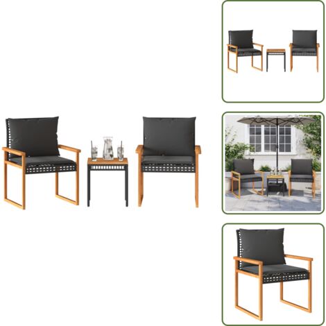 The Living Store Mesita y sillas con cojines 3 pzas ratán PE madera acacia negro - Sillas de jardín