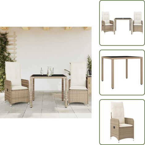 The Living Store Mesita y sillas jardín 3 pzas y cojines ratán sintético beige - Sillas de jardín reclinables