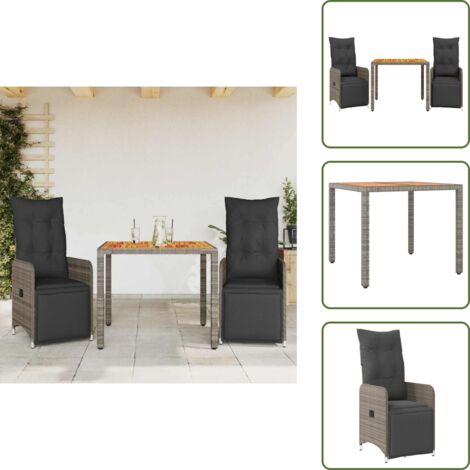 The Living Store Mesita y sillas jardín 3 pzas y cojines ratán sintético gris - Sillas de jardín reclinables