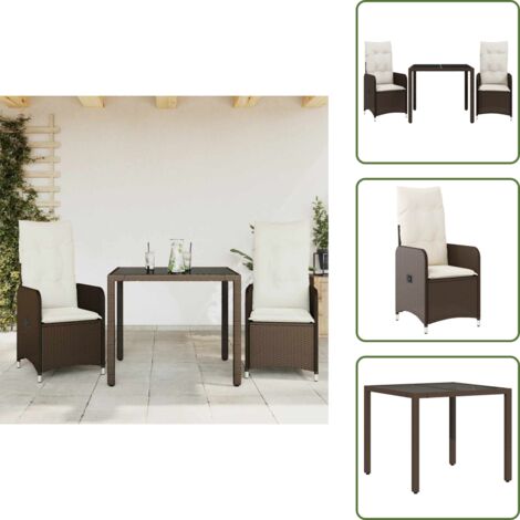 The Living Store Mesita y sillas jardín 3 pzas y cojines ratán sintético marrón - Sillas de jardín reclinables