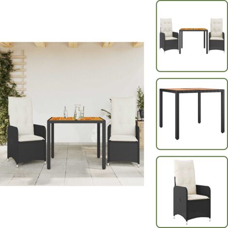 The Living Store Mesita y sillas jardín 3 pzas y cojines ratán sintético negro - Sillas de jardín reclinables