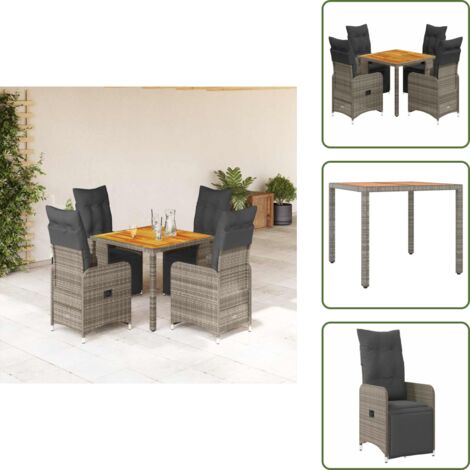 The Living Store Mesita y sillas jardín 5 pzas y cojines ratán sintético gris - Sillas de jardín reclinables