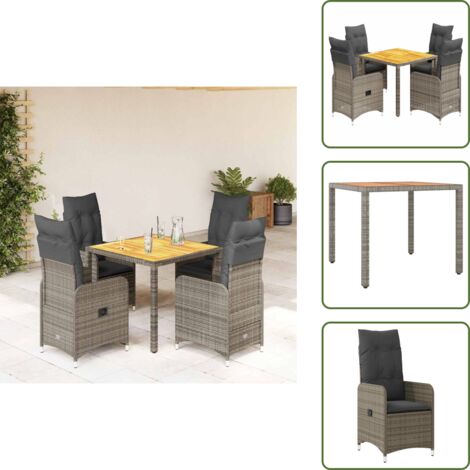 The Living Store Mesita y sillas jardín 5 pzas y cojines ratán sintético gris - Sillas de jardín reclinables