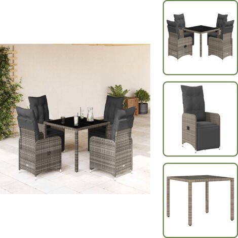 The Living Store Mesita y sillas jardín 5 pzas y cojines ratán sintético gris - Sillas de jardín reclinables