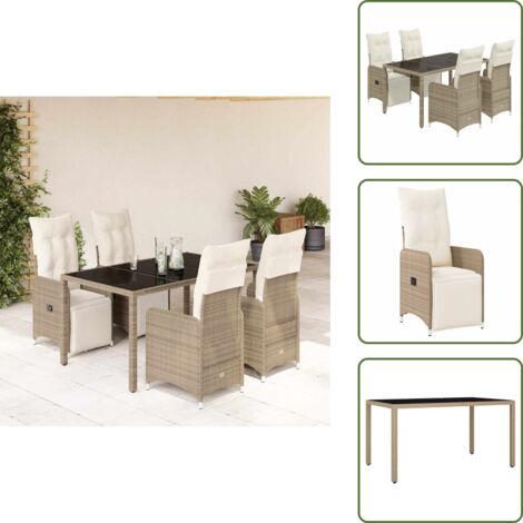 The Living Store Mesita y sillas jardín 5 pzas y cojines ratán sintético marrón - Sillas de jardín reclinables