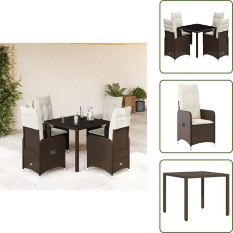 The Living Store Mesita y sillas jardín 5 pzas y cojines ratán sintético marrón - Sillas de jardín reclinables