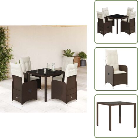 The Living Store Mesita y sillas jardín 5 pzas y cojines ratán sintético marrón - Sillas de jardín reclinables