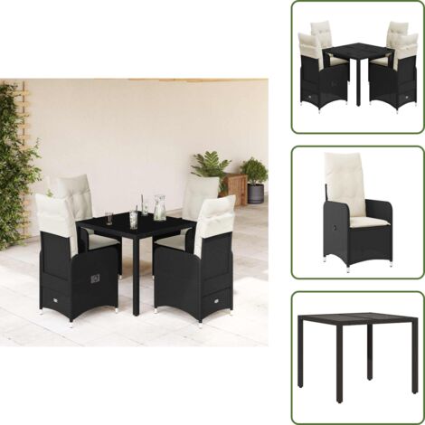 The Living Store Mesita y sillas jardín 5 pzas y cojines ratán sintético negro - Sillas de jardín reclinables