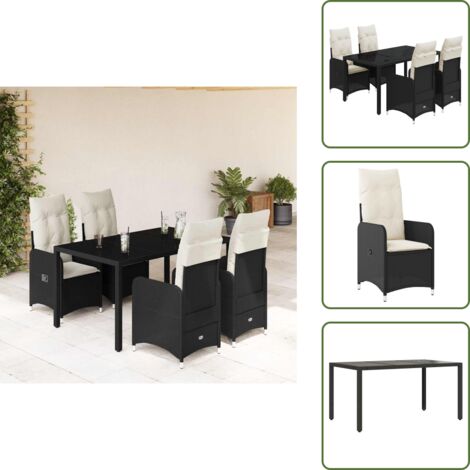 The Living Store Mesita y sillas jardín 5 pzas y cojines ratán sintético negro - Sillas de jardín reclinables