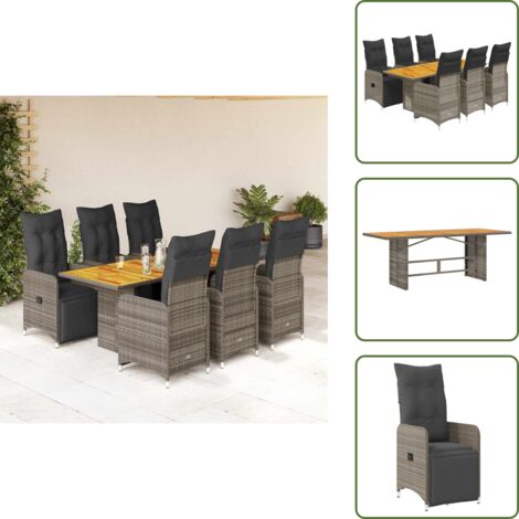 The Living Store Mesita y sillas jardín 7 piezas y cojines ratán sintético gris - Sillas de jardín reclinables