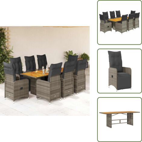 The Living Store Mesita y sillas jardín 9 piezas y cojines ratán sintético gris - Sillas de jardín reclinables