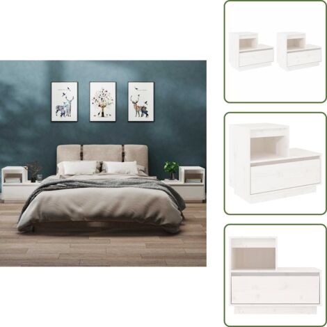 The Living Store Mesitas de noche 2 uds madera maciza de pino blanco 60x34x51 cm - Mesita de noche de madera