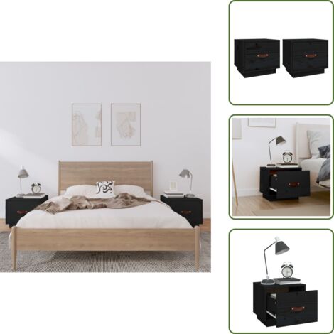 The Living Store Mesitas de noche 2 uds madera maciza de pino negro 40x34x35 cm - Mesitas de noche