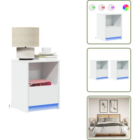 The Living Store Mesitas de noche con luces LED 2 uds madera ingeniería blanca - Luz led