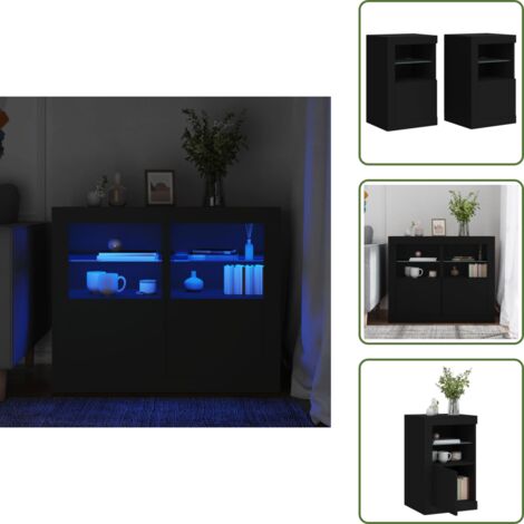 The Living Store Mesitas de noche con luces LED 2 uds madera ingeniería negra - Luz led