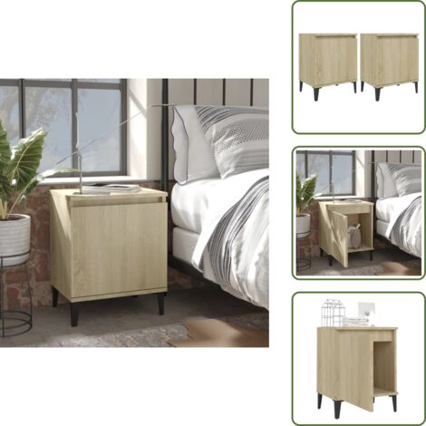 The Living Store Mesitas de noche con patas de metal roble Sonoma 40x30x50 cm - Mesita de noche con patas de metal