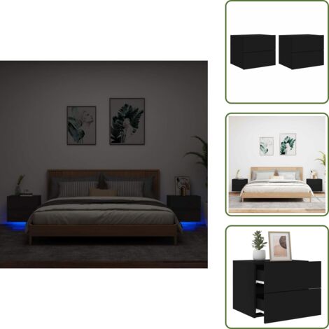 The Living Store Mesitas de noche de pared con luces LED 2 unidades negro - Mesita de pared