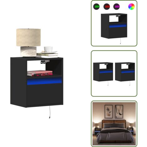 The Living Store Mesitas de noche de pared con luces LED 2 unidades negro - Mesitas de pared