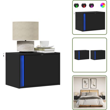 The Living Store Mesitas de noche de pared con luces LED 2 unidades negro - Mesitas de pared