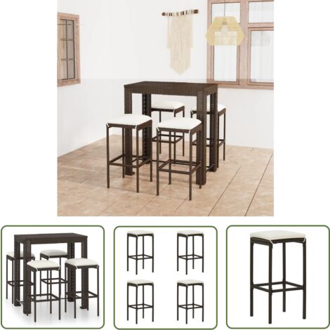 The Living Store Meuble de bar de jardin 5 pcs et coussins Résine tressée Marron - Ensemble Salon De Jardin - Mobilier De Jardin - Set De Bar Extérieur - Table De Bar - Chaises De Bar