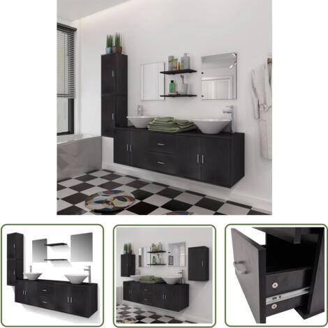 The Living Store Meuble de salle de bain 11 pcs avec lavabo et robinet Noir - Ensemble Salle De Bain - Meuble Vasque - Rangement Salle De Bain - Lavabo Suspendu - Robinetterie Salle De Bain