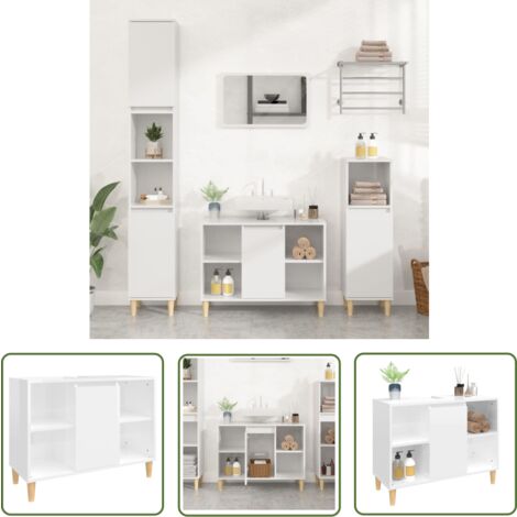 The Living Store Meuble d'évier blanc brillant 80x33x60 cm bois d'ingénierie - Armoire De Salle De Bain - Meuble Vasque - Meuble Lavabo - Rangement Salle De Bain - Meuble Design Salle De Bain