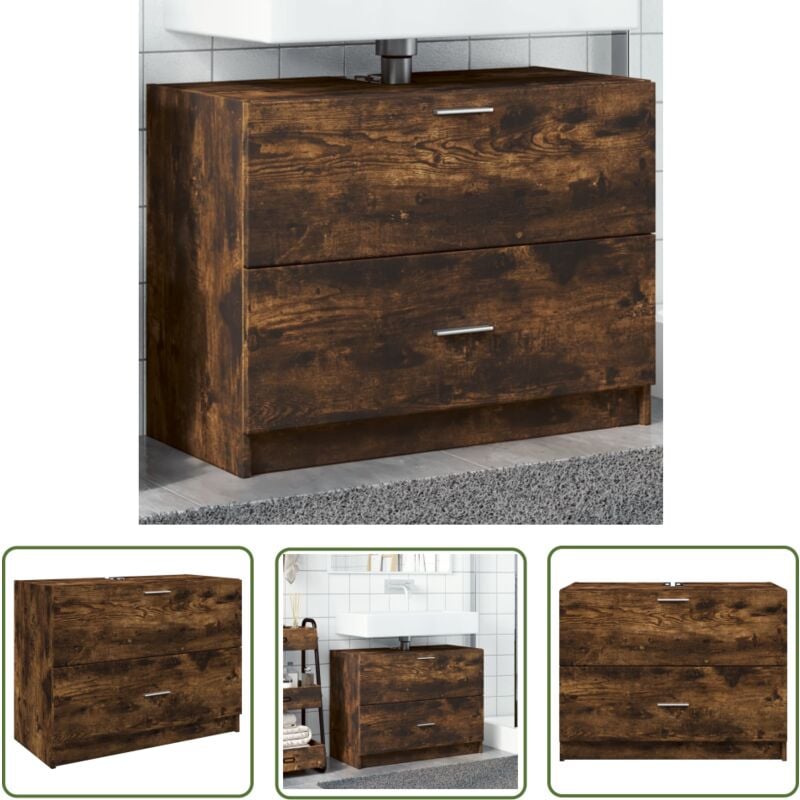 The Living Store - Meuble d'évier chêne fumé 78x37x59 cm bois d'ingénierie - Meubles De Salle De Bain - Armoire De Lavabo - Meuble Vasque - Rangement