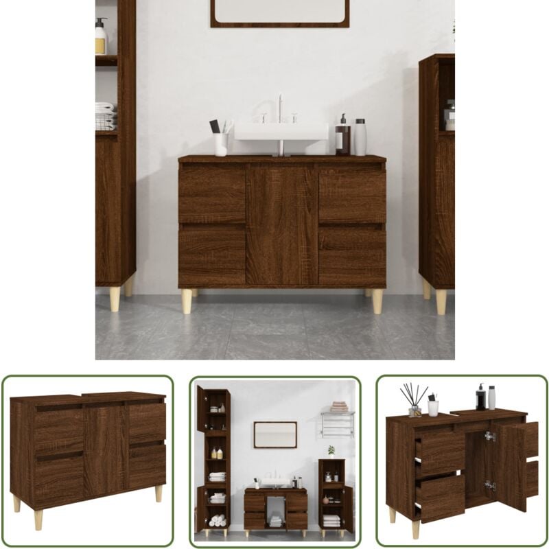 The Living Store - Meuble d'évier chêne marron 80x33x60 cm bois d'ingénierie - Armoire De Salle De Bain - Meuble Lavabo - Meuble Sous Vasque