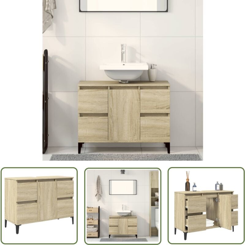 The Living Store - Meuble d'évier chêne sonoma 80x33x60 cm bois d'ingénierie - Meubles De Salle De Bain - Armoire De Lavabo - Meuble Vasque