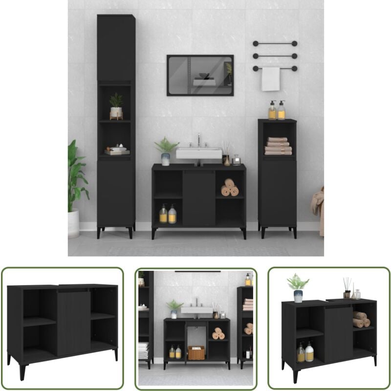 The Living Store - Meuble d'évier noir 80x33x60 cm bois d'ingénierie - Armoire De Salle De Bain - Meuble Vasque - Meuble Sous Évier - Rangement Salle