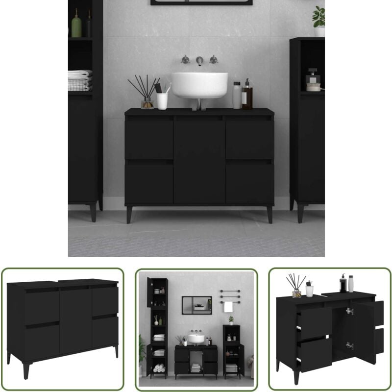 The Living Store - Meuble d'évier noir 80x33x60 cm bois d'ingénierie - Armoire De Salle De Bain - Meuble Vasque - Meuble Sous Évier - Rangement Salle