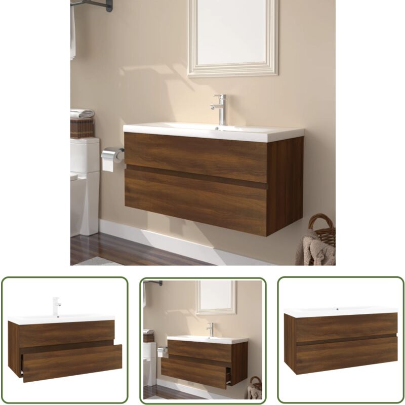 The Living Store - Meuble lavabo avec bassin intégré Chêne brun Bois d'ingénierie - Meuble Lavabo - Meuble Salle De Bain - Vasque Intégrée