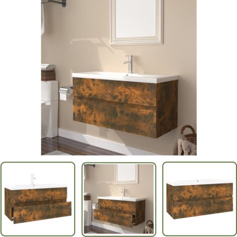 The Living Store Meuble lavabo avec bassin intégré Chêne fumé Bois d'ingénierie - Meuble Lavabo - Meuble Salle De Bain - Vanity Unit - Meubles De Salle De Bain - Rangement Salle De Bain