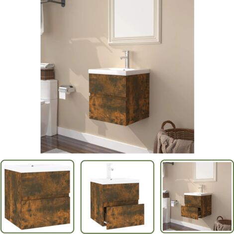 The Living Store Meuble lavabo avec bassin intégré Chêne fumé Bois d'ingénierie - Meuble Lavabo - Meuble Salle De Bain - Vasque Intégrée - Rangement Salle De Bain - Design Moderne
