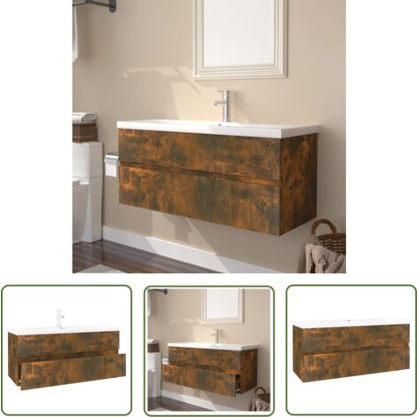 The Living Store Meuble lavabo avec bassin intégré Chêne fumé Bois d'ingénierie - Meuble Lavabo - Meuble Salle De Bain - Vasque Intégrée - Rangement Salle De Bain - Design Moderne