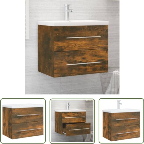 The Living Store Meuble lavabo avec bassin intégré Chêne fumé Bois d'ingénierie - Meubles De Salle De Bain - Meuble Lavabo - Armoire Lavabo - Ensemble Salle De Bain - Vasque Intégrée