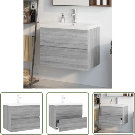 The Living Store Meuble lavabo avec bassin intégré Sonoma gris Bois d'ingénierie - Meuble Lavabo - Meuble Vasque - Salle De Bain - Design Moderne - Rangement Salle De Bain