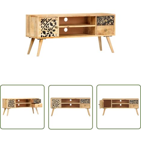 The Living Store Meuble TV 100x30x45 cm bois massif de manguier - Meuble Tv Industriel - Meuble Tv Design - Meuble Tv Rustique - Rangement Tv - Support Tv