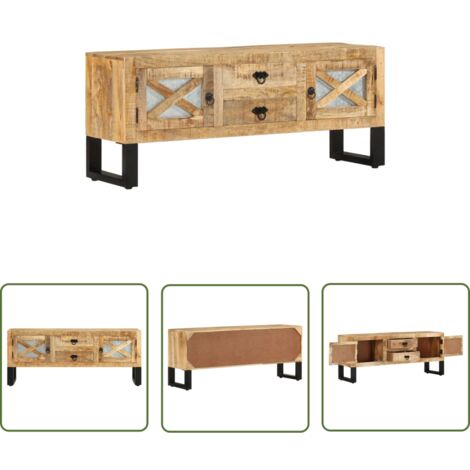 The Living Store Meuble TV 110x30x45 cm Bois de manguier brut - Meubles Tv - Meuble Tv Industriel - Meuble Tv Bois - Rangement Tv - Support Tv
