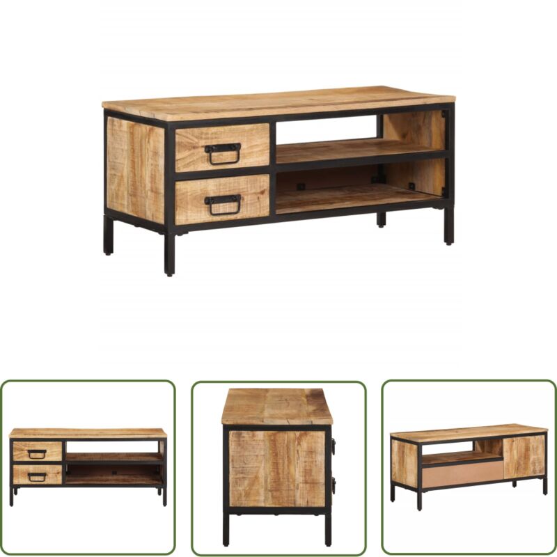 The Living Store - Meuble tv 90x35x40 cm bois massif de manguier brut - Meubles Tv - Meuble Tv Industriel - Rangement Tv - Buffet Tv - Meuble Bois