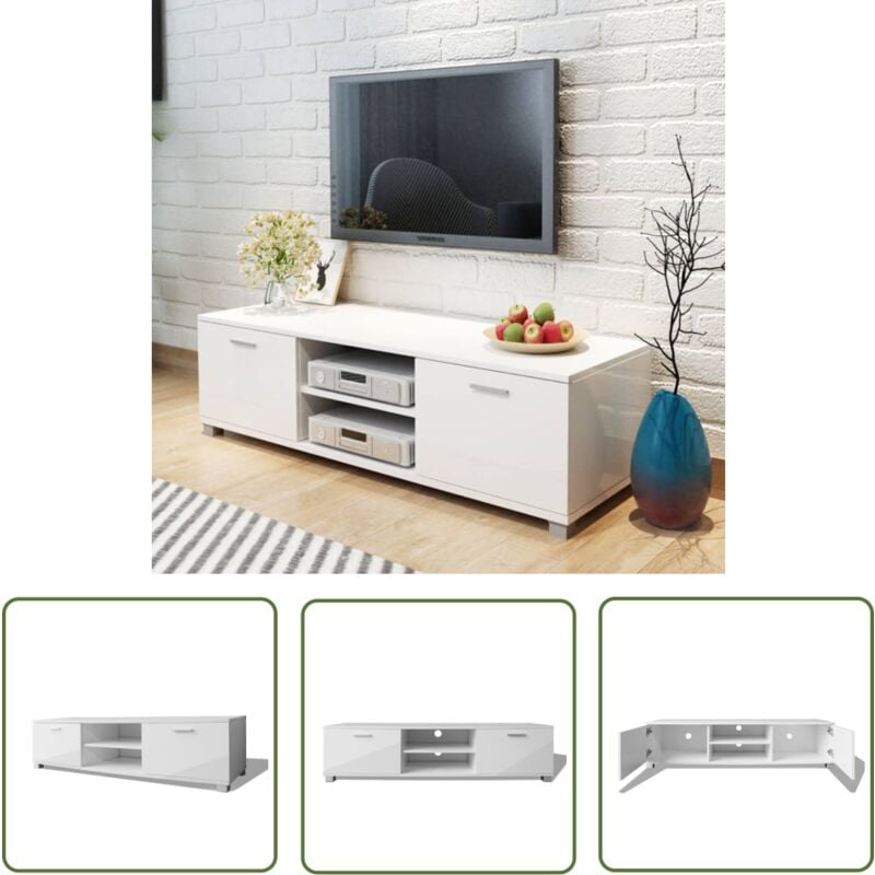 The Living Store Meuble TV Blanc brillant 140x40,5x35 cm - Support Tv - Meuble Tv - Télévision - Meuble Salon - Étagères