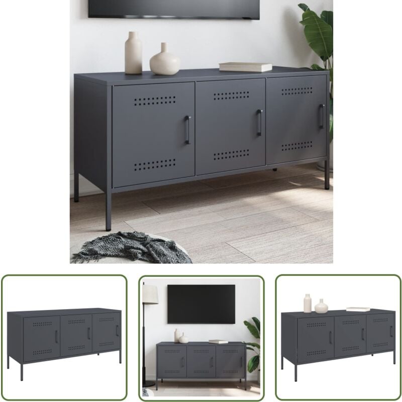 The Living Store - Meuble tv anthracite 100,5x39x50,5 cm acier - Meuble Tv Industriel - Meuble Tv Design - Meuble Tv Acier - Rangement Tv - Support