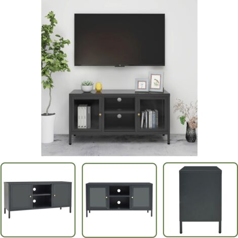The Living Store Meuble TV Anthracite 105x35x52 cm Acier et verre - Meuble Tv - Meuble Téléviseur - Support Tv - Unit Tv - Meubles Living