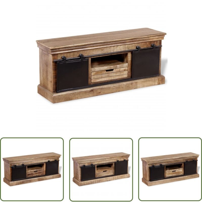 The Living Store - Meuble tv avec 2 portes coulissantes Bois de manguier massif - Meuble Tv Industriel - Meuble Tv Vintage - Meuble Tv Rustique