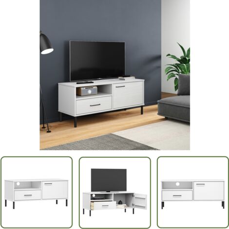 The Living Store Meuble TV avec pieds en métal Blanc Bois de pin massif OSLO - Meuble Tv - Meuble Téléviseur - Rangement Tv - Unité Tv - Support Tv
