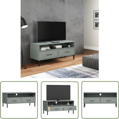 The Living Store Meuble TV avec pieds en métal Gris Bois de pin massif OSLO - Meuble Tv - Meuble Téléviseur - Rangement Tv - Unité Tv - Support Tv